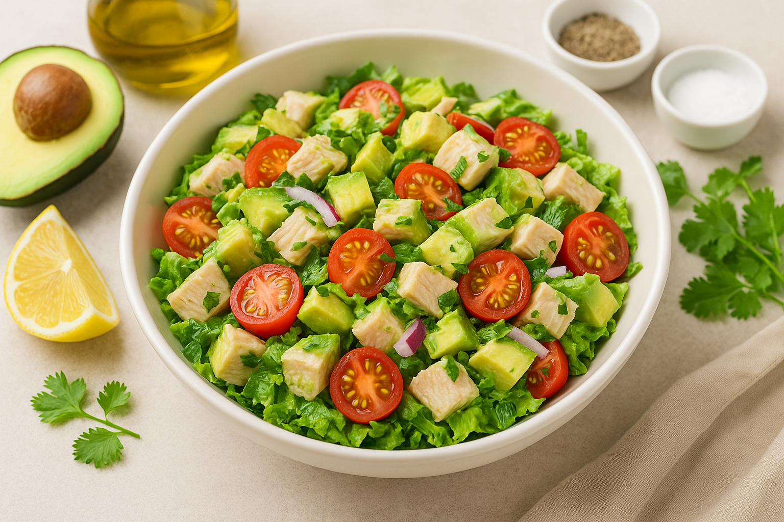 Fresh avocado chicken salad with cherry tomatoes, lettuce, and lemon dressing in a white bowl.